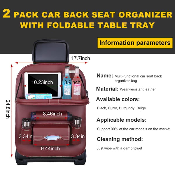 Car Back Seat Organiser with Foldable Tray Table Universal Rear Seat Storage Pocket Red - Image 6