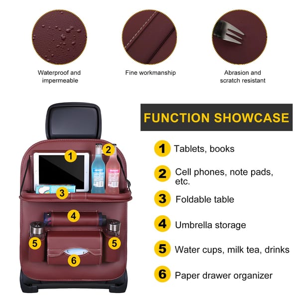 Car Back Seat Organiser with Foldable Tray Table Universal Rear Seat Storage Pocket Red - Image 4