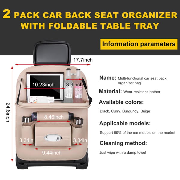 Car Back Seat Organiser with Foldable Tray Table Universal Rear Seat Storage Pocket Beige - Image 5