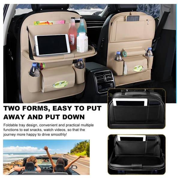 Car Back Seat Organiser with Foldable Tray Table Universal Rear Seat Storage Pocket Beige - Image 4