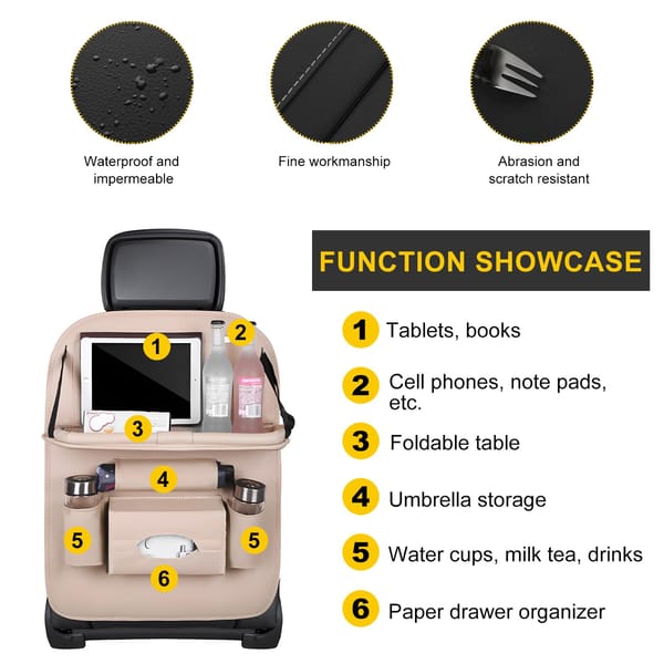 Car Back Seat Organiser with Foldable Tray Table Universal Rear Seat Storage Pocket Beige - Image 3