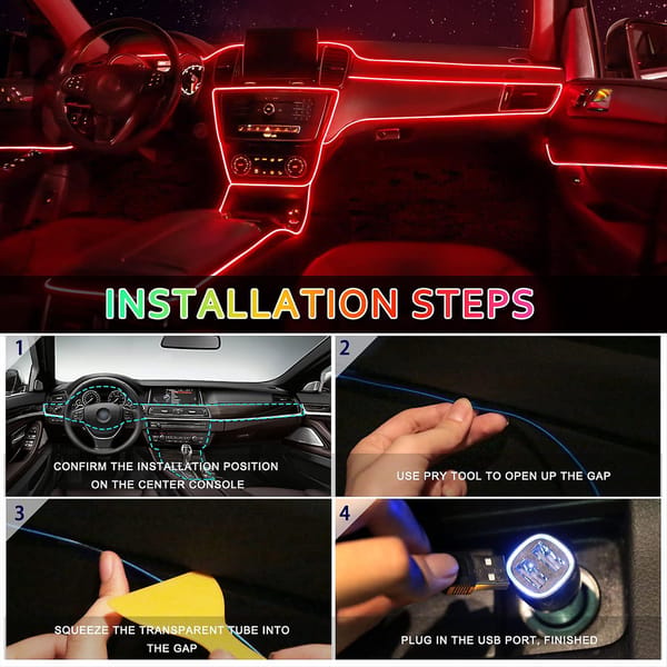 3M USB LED Car Interior Strip Light Neon Ambient Lighting Kit Red Dashboard Trim - Image 3