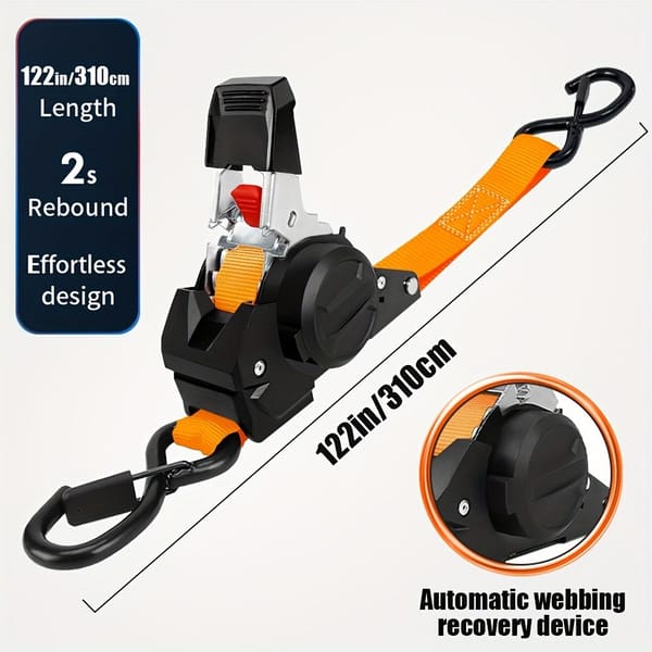 Heavy-Duty Automatic Ratchet Tie Down Strap with Durable Yellow Webbing, Ideal for Vehicle Recovery, Cargo Securing, Transport and Trailer Load Restraint