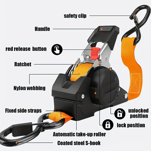 Heavy-Duty Automatic Ratchet Tie Down Strap with Durable Yellow Webbing, Ideal for Vehicle Recovery, Cargo Securing, Transport and Trailer Load Restraint - Image 2