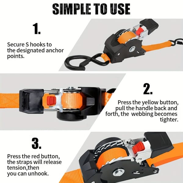 Heavy-Duty Automatic Ratchet Tie Down Strap with Durable Yellow Webbing, Ideal for Vehicle Recovery, Cargo Securing, Transport and Trailer Load Restraint - Image 3