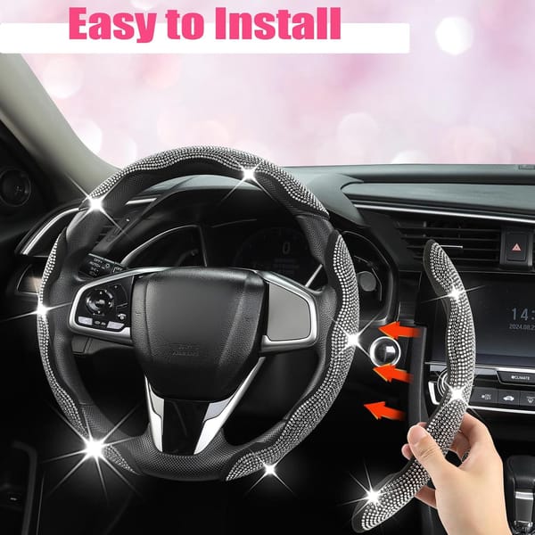 Crystal Rhinestone Steering Wheel Cover 3 Piece Universal Bling Car Wheel Cover Black - Image 3