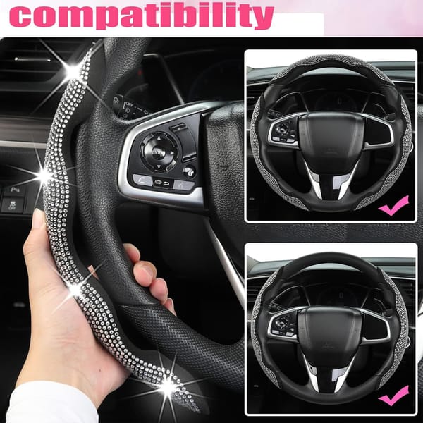 Crystal Rhinestone Steering Wheel Cover 3 Piece Universal Bling Car Wheel Cover Black - Image 4