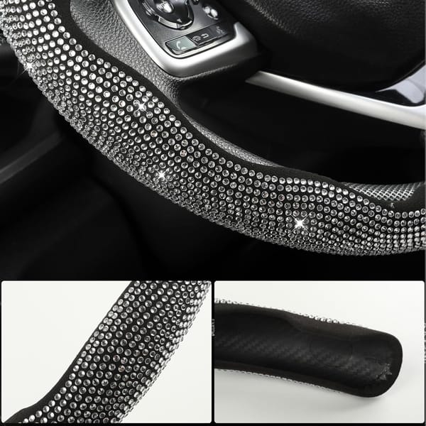 Crystal Rhinestone Steering Wheel Cover 3 Piece Universal Bling Car Wheel Cover Black - Image 6