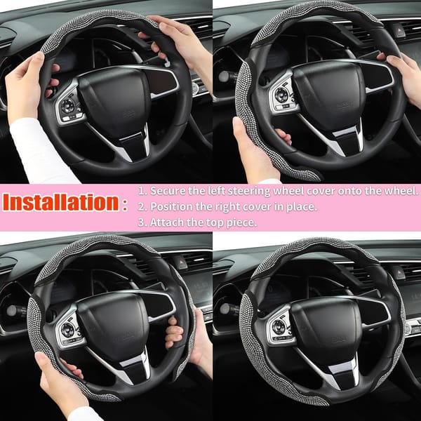 Crystal Rhinestone Steering Wheel Cover 3 Piece Universal Bling Car Wheel Cover Black - Image 9