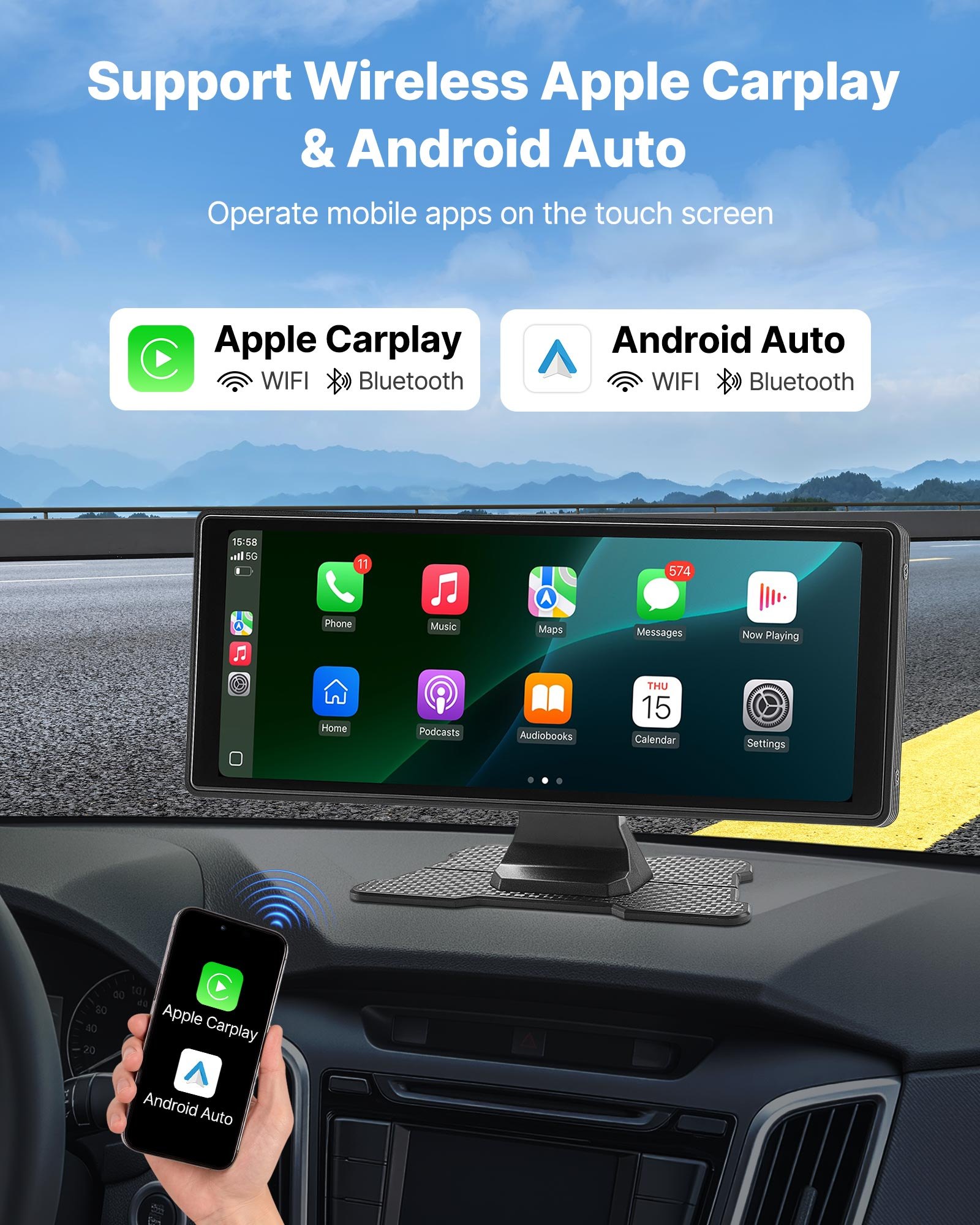 10.1" Car Stereo Apple CarPlay & Android Auto Touchscreen with Front & Rear Camera