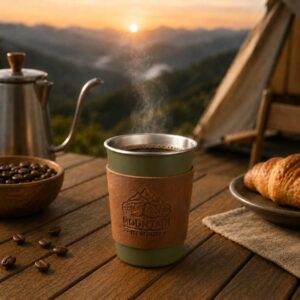 350ml Stainless Steel Camping Coffee Mug Travel Cup with Leather Sleeve Outdoor