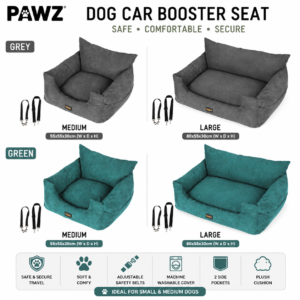 PaWz Pet Car Booster Seat Dog Car Bed Travel Carrier with Safety Belts – Medium & Large – Grey or Green