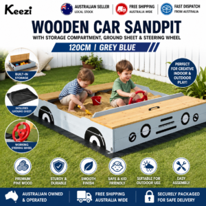 Keezi Wooden Car Sandpit Kids Outdoor Sandbox with Storage Compartment, Ground Sheet & Steering Wheel 120cm Grey Blue