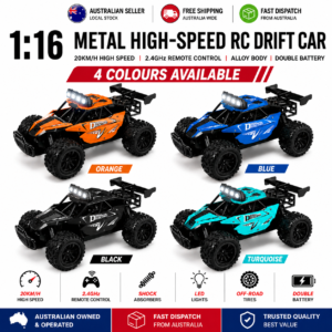 1:16 Metal RC Drift Car 2.4GHz High Speed Remote Control Off-Road Racing Car with Variable Speed & LED Lights - Orange, Blue, Black & Turquoise