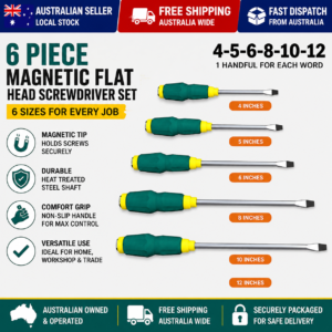 6 Piece Heavy Duty Magnetic Flat Head Screwdriver Set Impact Resistant Through Tang Chrome Vanadium Steel for Automotive Workshop DIY Repairs