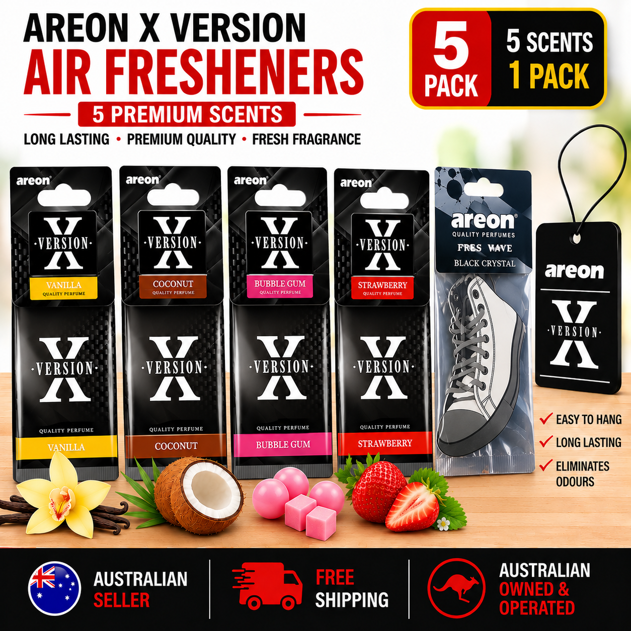 AREON Premium Car Air Freshener | Bubblegum, Coconut, Strawberry, Vanilla & Black Crystal | Multiple Packs - Image 7