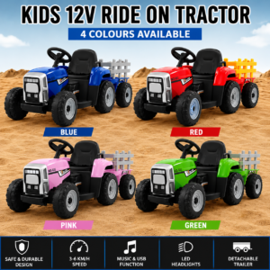 Rigo Kids 12V Electric Ride On Tractor with Trailer, Twin Motor Battery Powered Toy Car, LED Lights, Music, USB, 3-6 Years - Red, Pink, Green & Blue