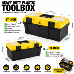 Heavy Duty Plastic Toolbox 14 Inch & 17 Inch Lockable Tool Box with Double Layer Storage, Removable Tray & ABS Latches for Automotive, Workshop & DIY