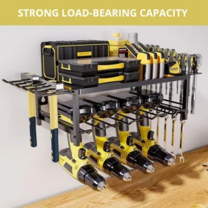CARLA HOME 2 Tier Power Tool Rack Wall Mount Drill Holder Garage Workshop Storage Organizer with Wrench Hooks
