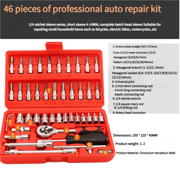 46 Piece Professional 14 Drive Socket Wrench Set Chrome Vanadium Ratchet Bit Tool Kit with Carry Case - Image 4