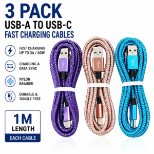 3 Pack 1m USB-C Fast Charging Cables 60W Nylon Braided USB-A to Type-C