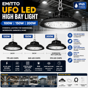 EMITTO UFO LED High Bay Light 100W 150W 200W IP65 Warehouse Workshop Commercial
