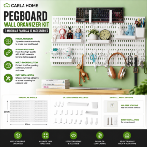 CARLA HOME Pegboard Wall Organizer Kit 3 Panels 17 Accessories | Office Gaming Craft Storage