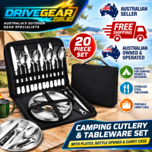 20-Piece Camping Cutlery & Tableware Set with Carry Case – Stainless Steel Picnic Utensils, Plates & Bottle Opener