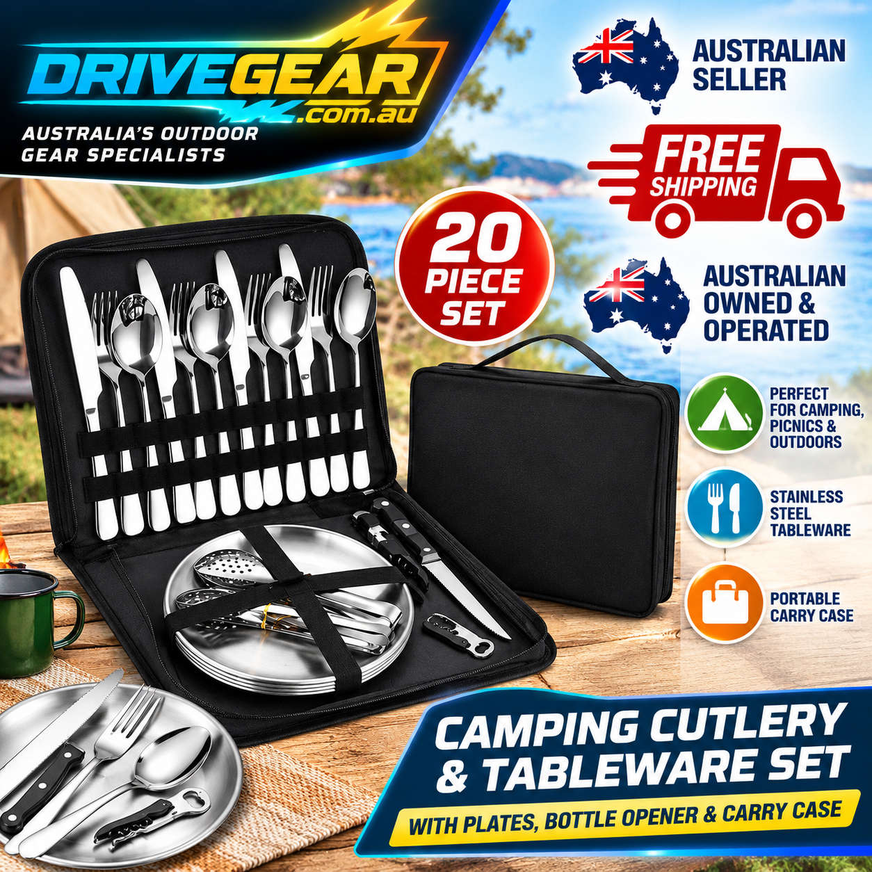 20-Piece Camping Cutlery & Tableware Set with Carry Case – Stainless Steel Picnic Utensils, Plates & Bottle Opener
