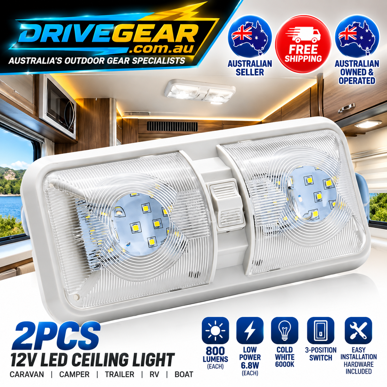2 Pack 12V LED RV Ceiling Lights – 800LM Double Dome Interior Lights for Caravan, Camper & Boat