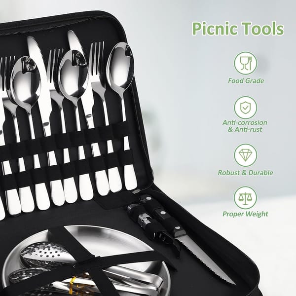 20-Piece Camping Cutlery & Tableware Set with Carry Case – Stainless Steel Picnic Utensils, Plates & Bottle Opener - Image 7