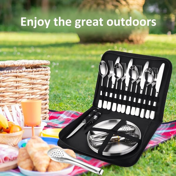 20-Piece Camping Cutlery & Tableware Set with Carry Case – Stainless Steel Picnic Utensils, Plates & Bottle Opener - Image 4