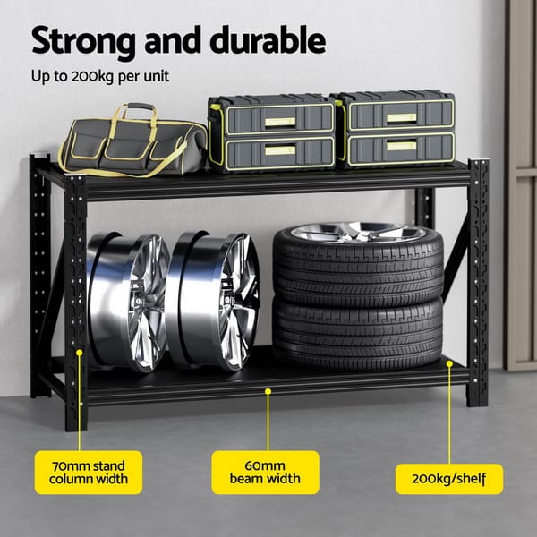 Giantz 1.5m Garage Shelving Rack 2 Tier 200kg Steel Storage Shelf Black - Image 4