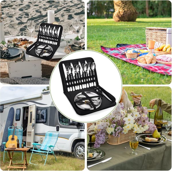20-Piece Camping Cutlery & Tableware Set with Carry Case – Stainless Steel Picnic Utensils, Plates & Bottle Opener - Image 3