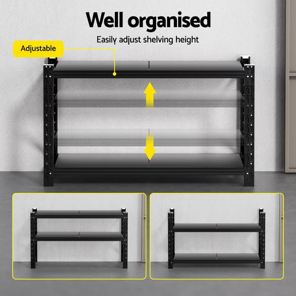 Giantz 1.5m Garage Shelving Rack 2 Tier 200kg Steel Storage Shelf Black - Image 3