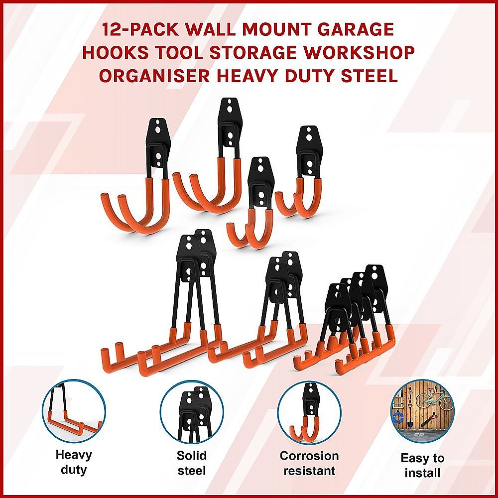 12 Pack Heavy Duty Garage Wall Hooks – Steel Tool Storage Organiser - Image 2