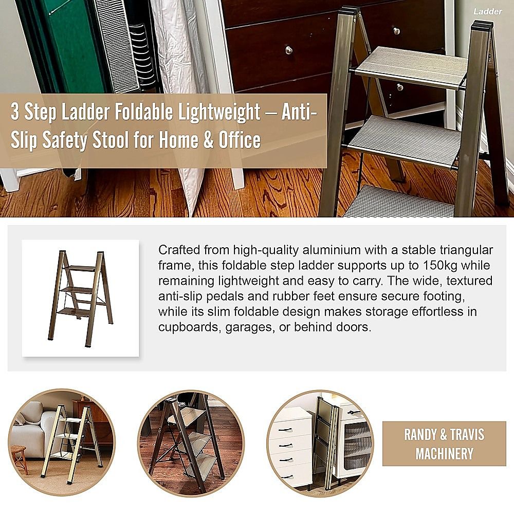 3 Step Folding Aluminium Ladder – Anti-Slip Safety Step Stool 150kg - Image 6