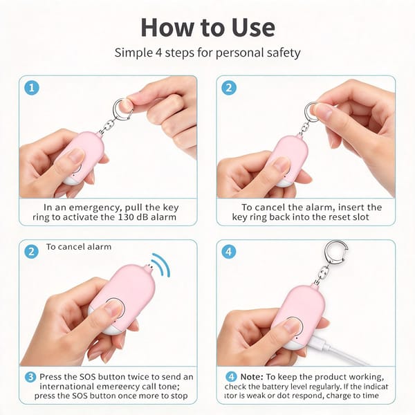 130dB Rechargeable Personal Safety Alarm with Flashlight B300 – Portable Emergency Keyring Siren - Image 7