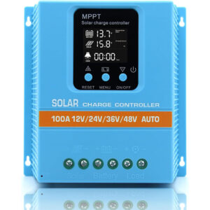 100A MPPT Solar Charge Controller, 12V–48V, LCD Display and Dual USB, Blue