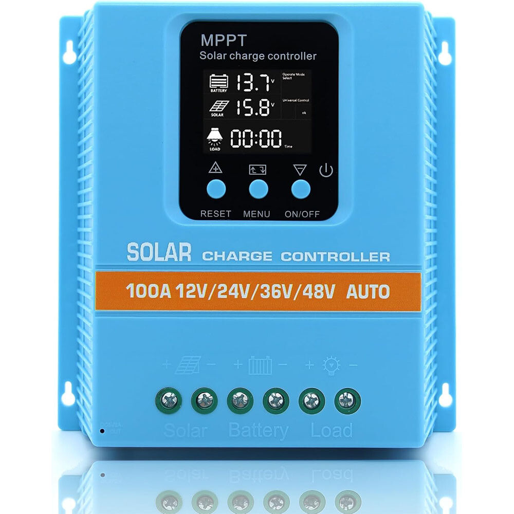 100A MPPT Solar Charge Controller, 12V–48V, LCD Display and Dual USB, Blue