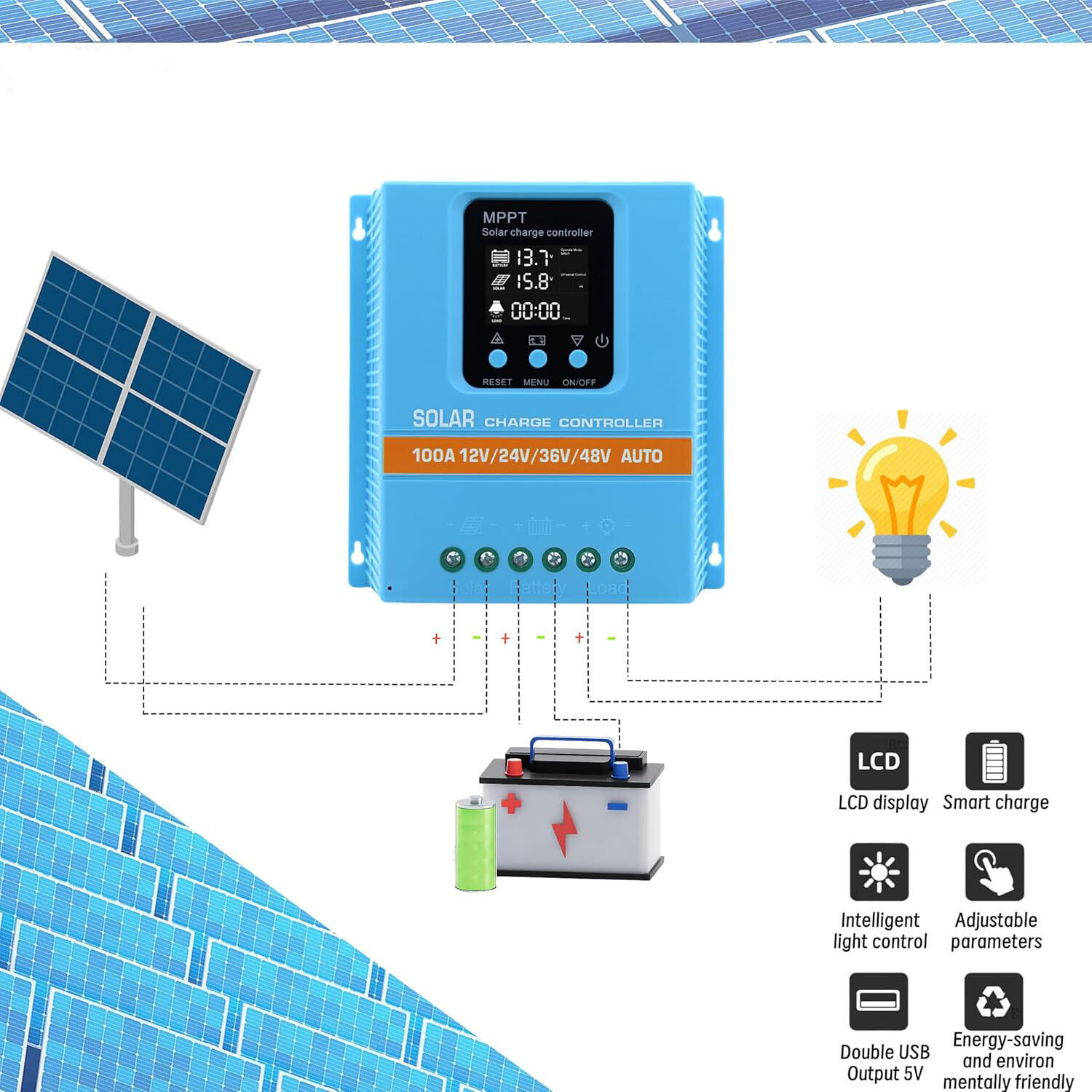 100A MPPT Solar Charge Controller, 12V–48V, LCD Display and Dual USB, Blue - Image 10
