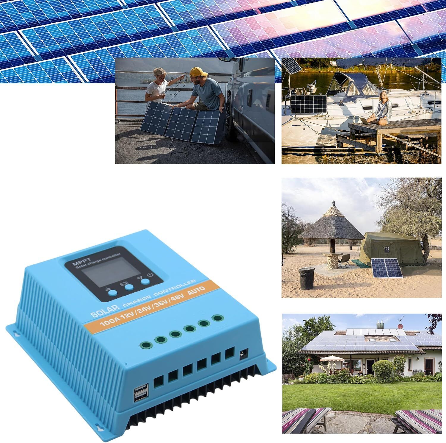 100A MPPT Solar Charge Controller, 12V–48V, LCD Display and Dual USB, Blue - Image 2