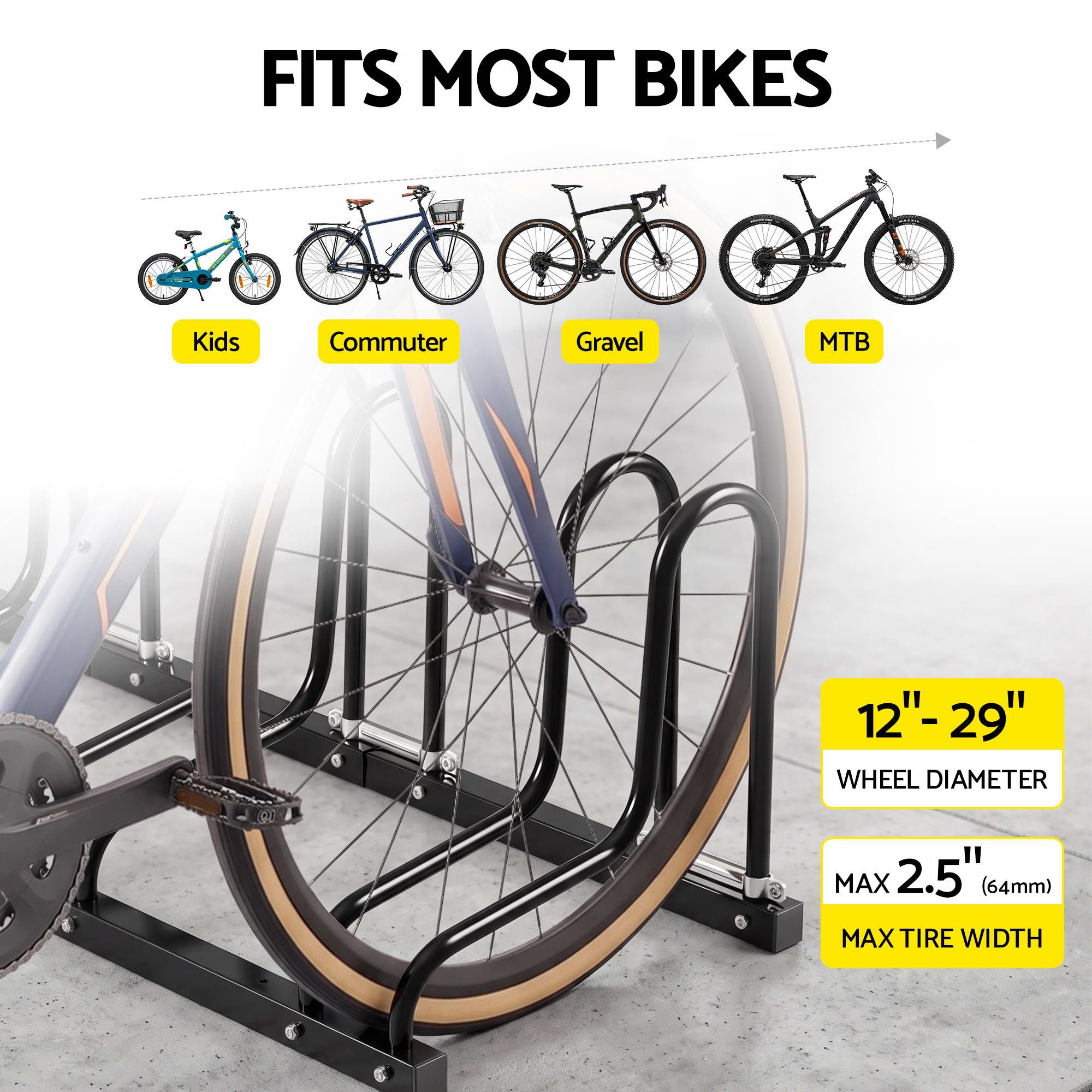 5-Bike Floor Stand Bicycle Rack, Fits 20–29in Tyres, Black | Weisshorn - Image 4