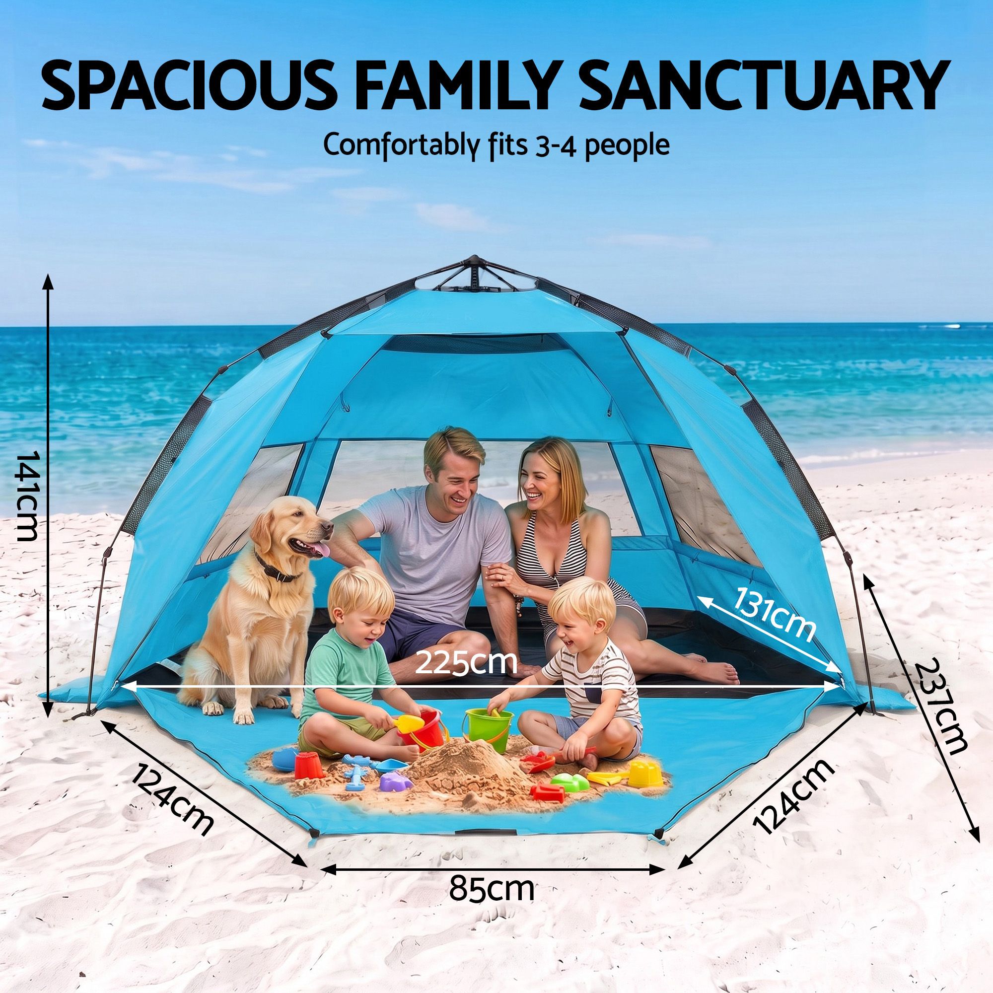 Pop-Up Beach Sun Shade Tent, 3-4-Person, UPF 50+, Blue | Weisshorn - Image 3