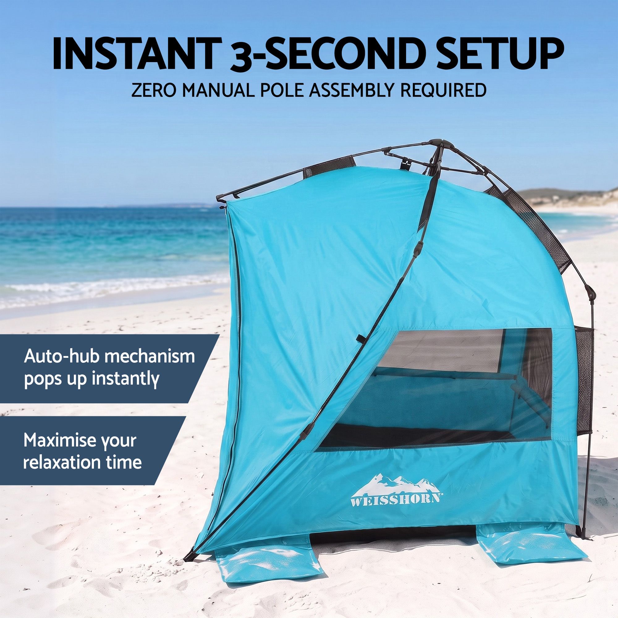 Pop-Up Beach Sun Shade Tent, 3-4-Person, UPF 50+, Blue | Weisshorn - Image 5