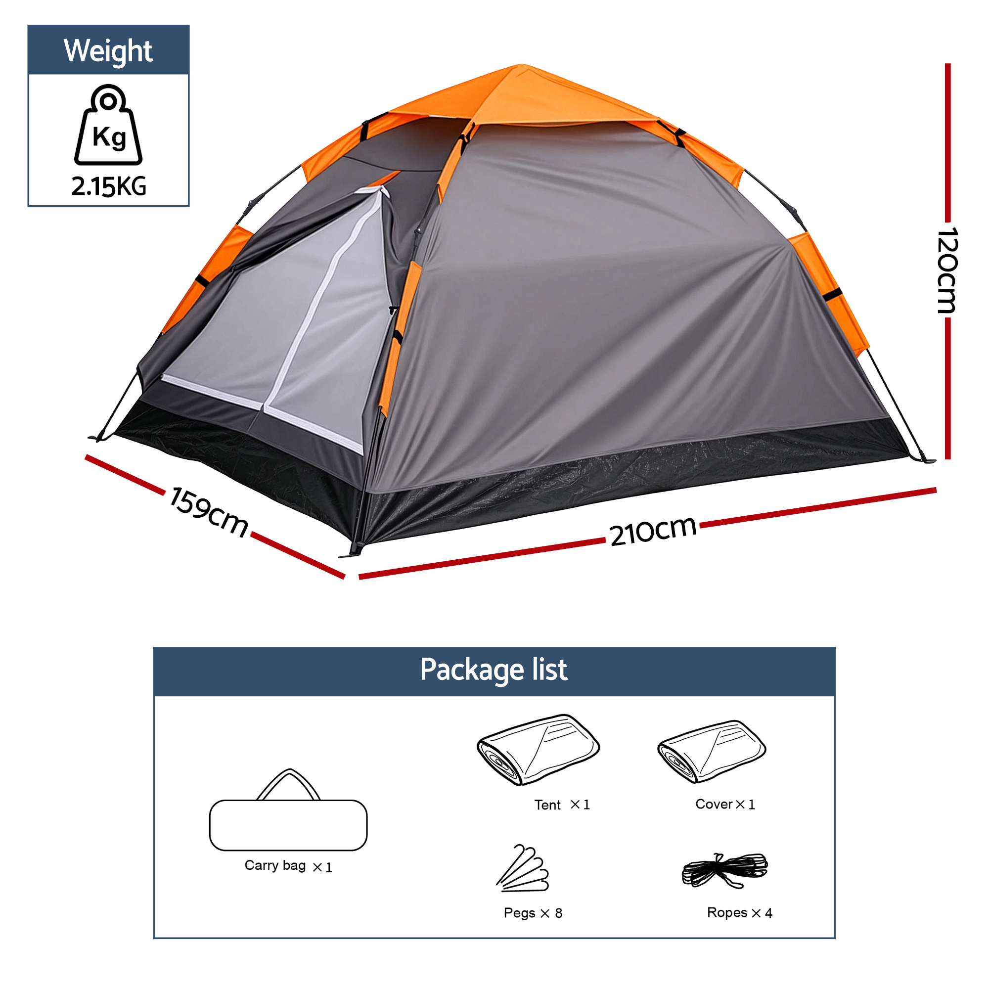 Instant Pop-Up Hiking Tent, 2-Person, 200x140cm | Weisshorn - Image 2