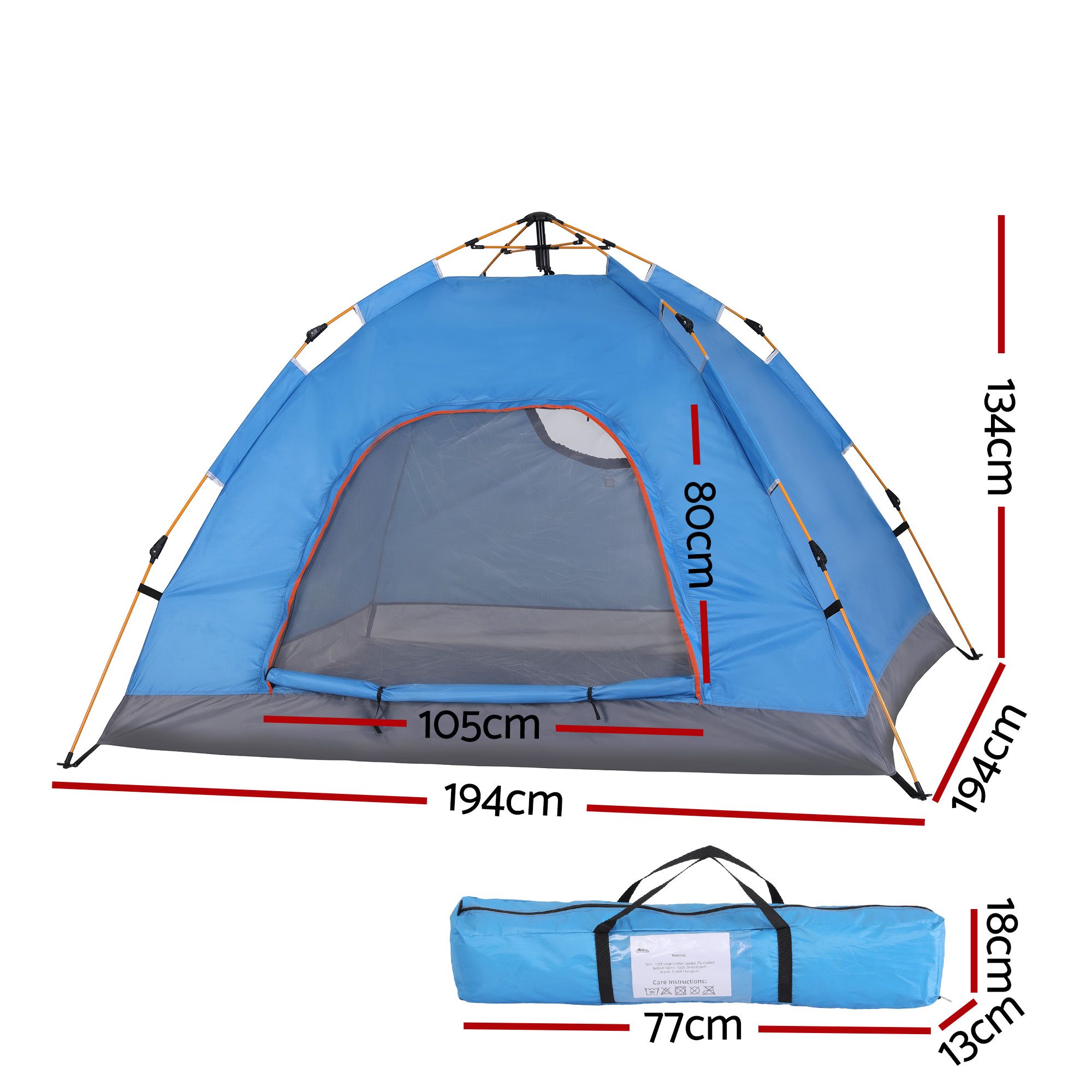 Instant Pop-Up Camping Tent, 2-Person, Blue | Weisshorn - Image 2