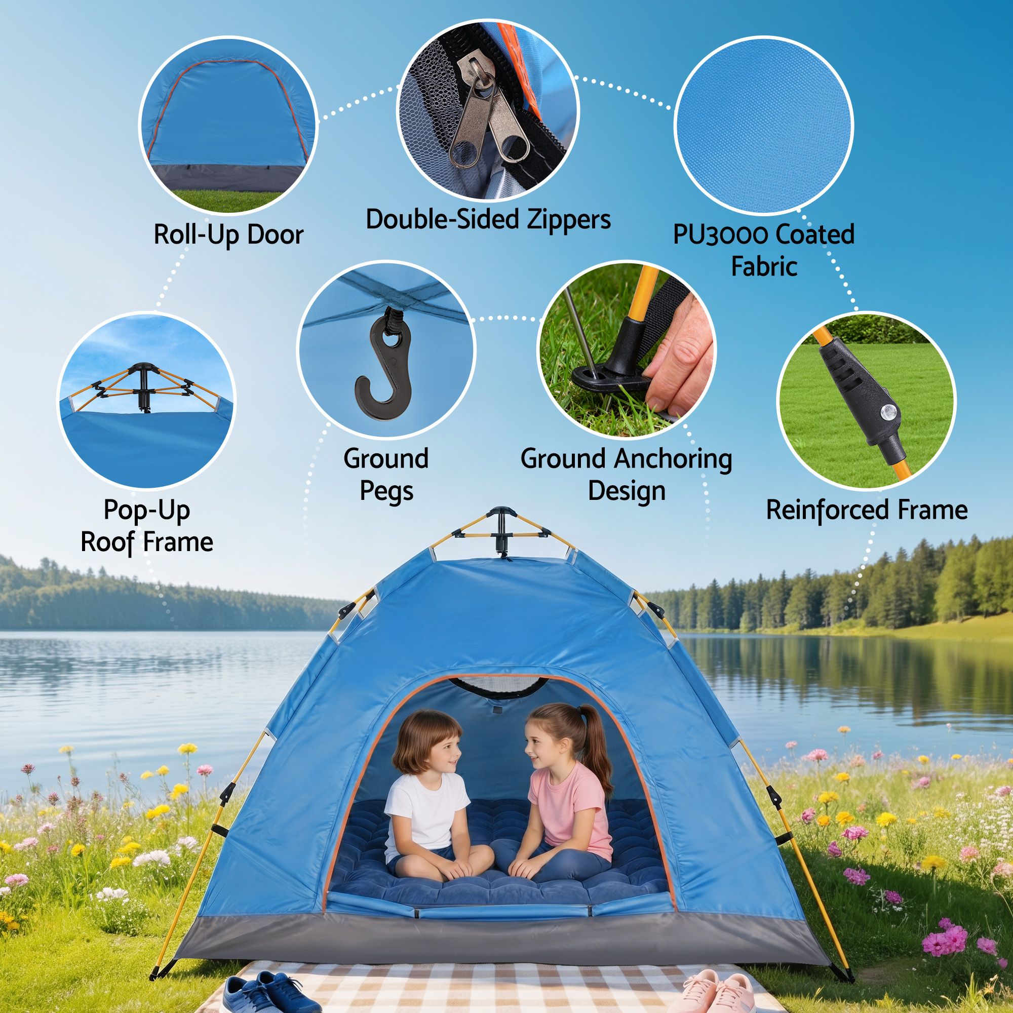 Instant Pop-Up Camping Tent, 2-Person, Blue | Weisshorn - Image 6