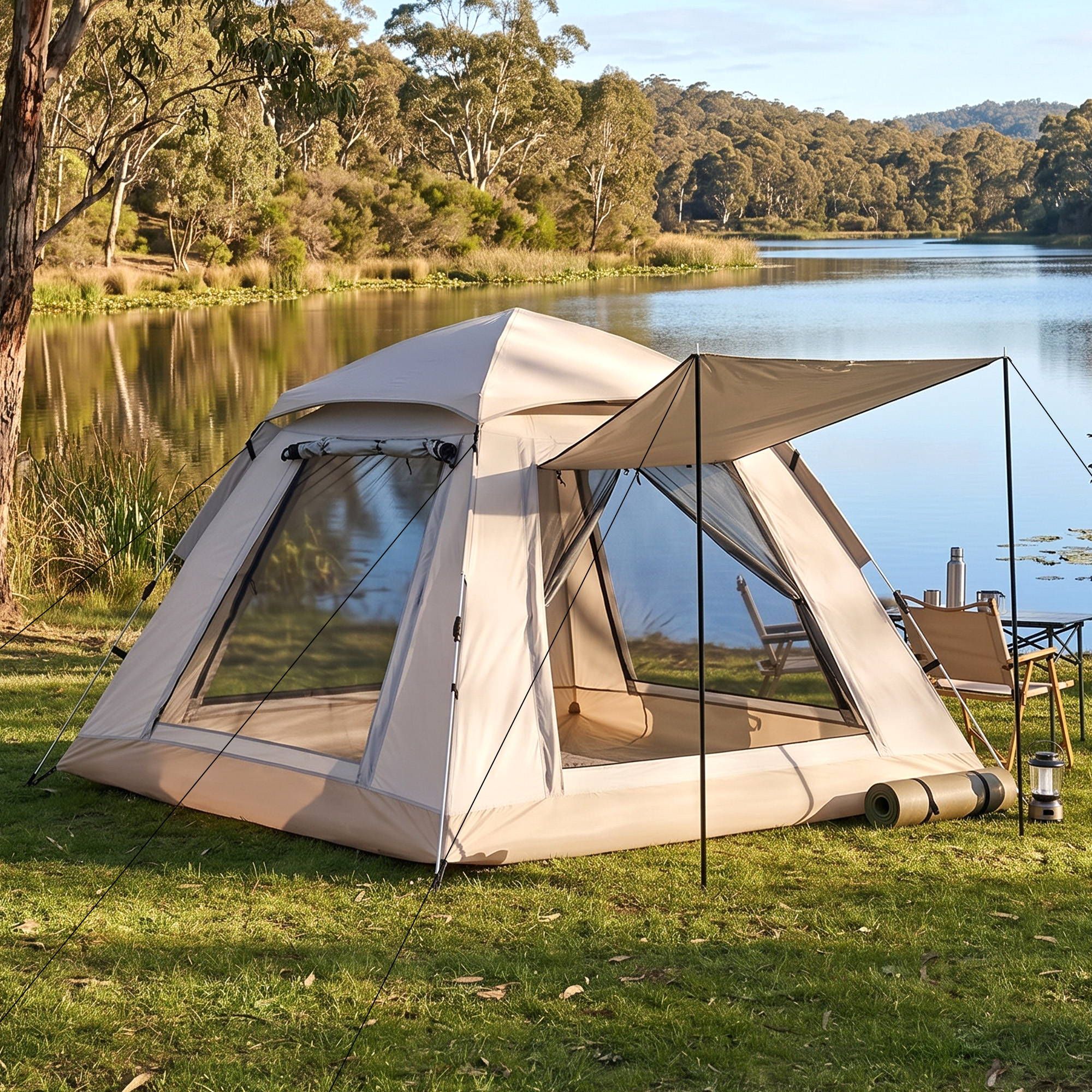 Camping Tent with Awning, 210D Oxford Fabric, 210 × 210 cm, Khaki | Weisshorn