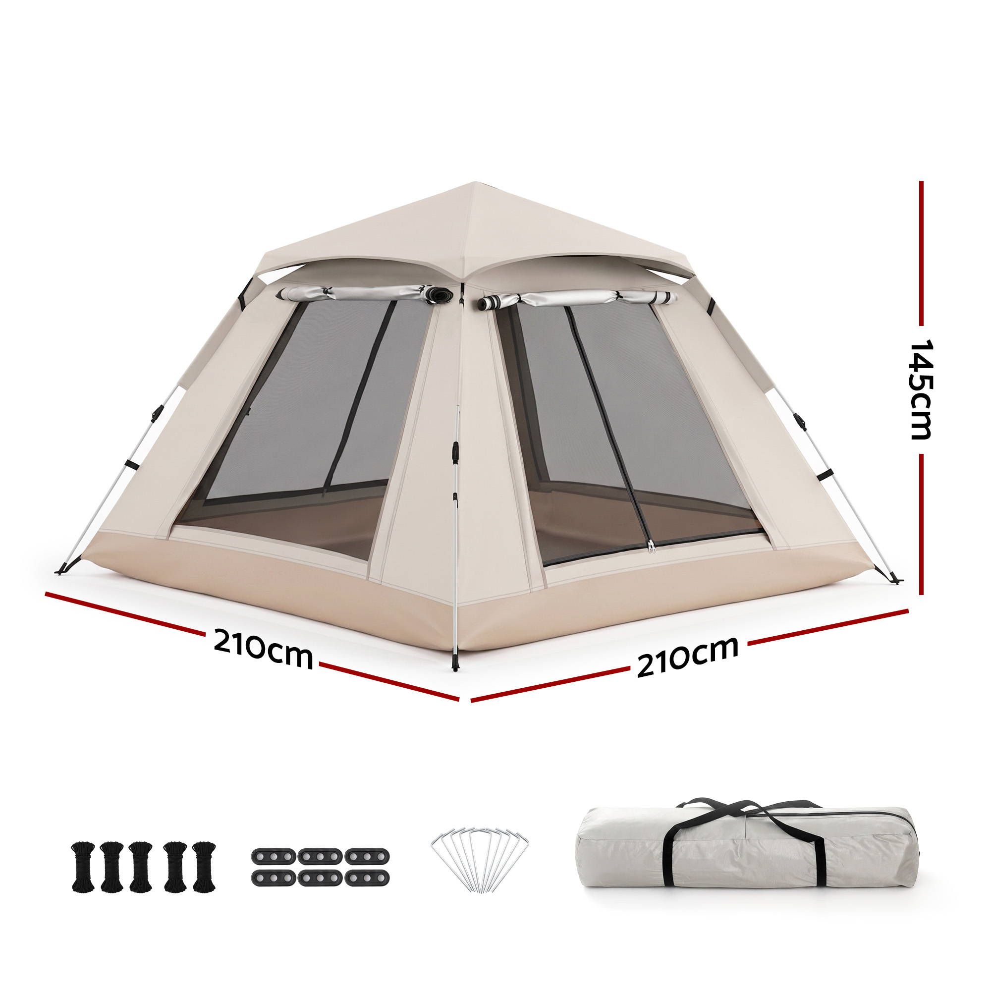 Camping Tent with Awning, 210D Oxford Fabric, 210 × 210 cm, Khaki | Weisshorn - Image 2